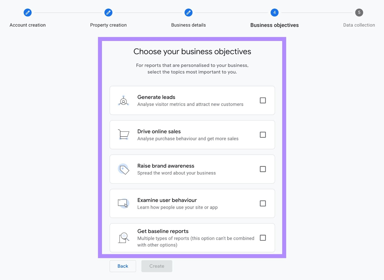 Página de objetivos empresariales en la que tienes que elegir entre 5 opciones como generar clientes potenciales, impulsar las ventas, aumentar la concienciación, etc.