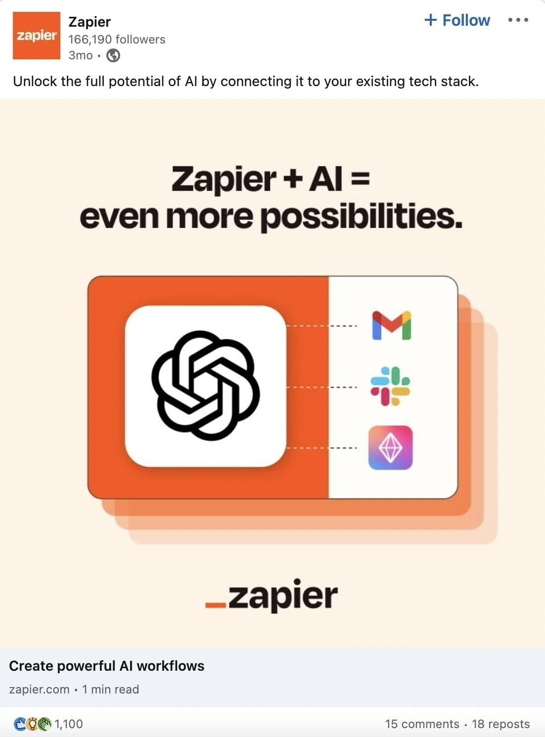 un ejemplo de anuncio de Zapier sobre cómo liberar todo el potencial de la IA