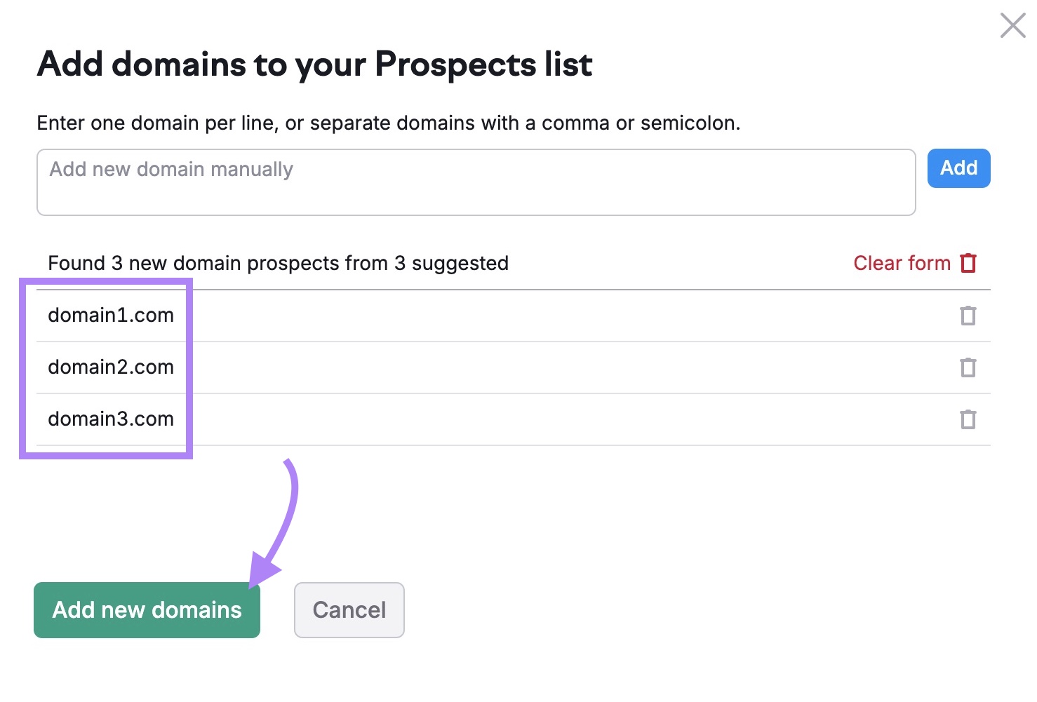 A list of domain URLs manually entered and "Add new domains" clicked on the Link Building tool.