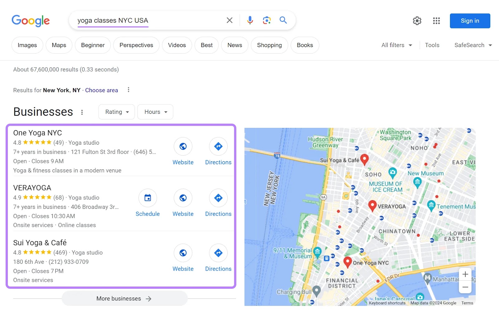 Resultados del paquete local de Google para la consulta “clases de yoga en Nueva York, EE. UU.”