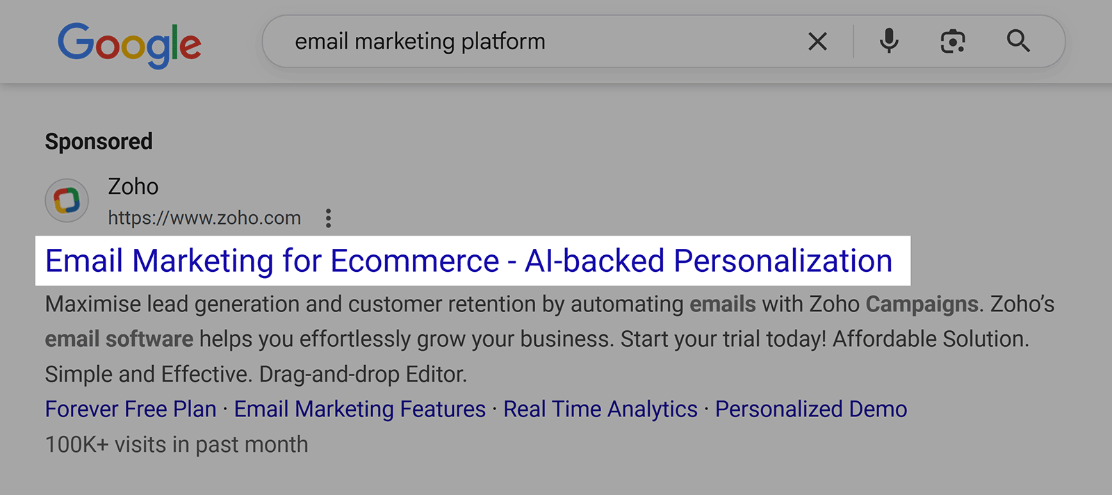Google ad headline highlighted for "email marketing platform" search ad.
