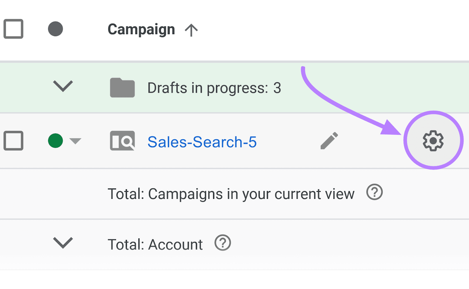 Icono de configuración junto a una campaña en Google Ads