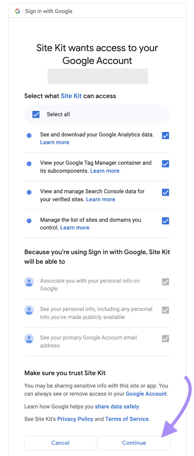 Elige a qué datos puede acceder el Kit del Sitio