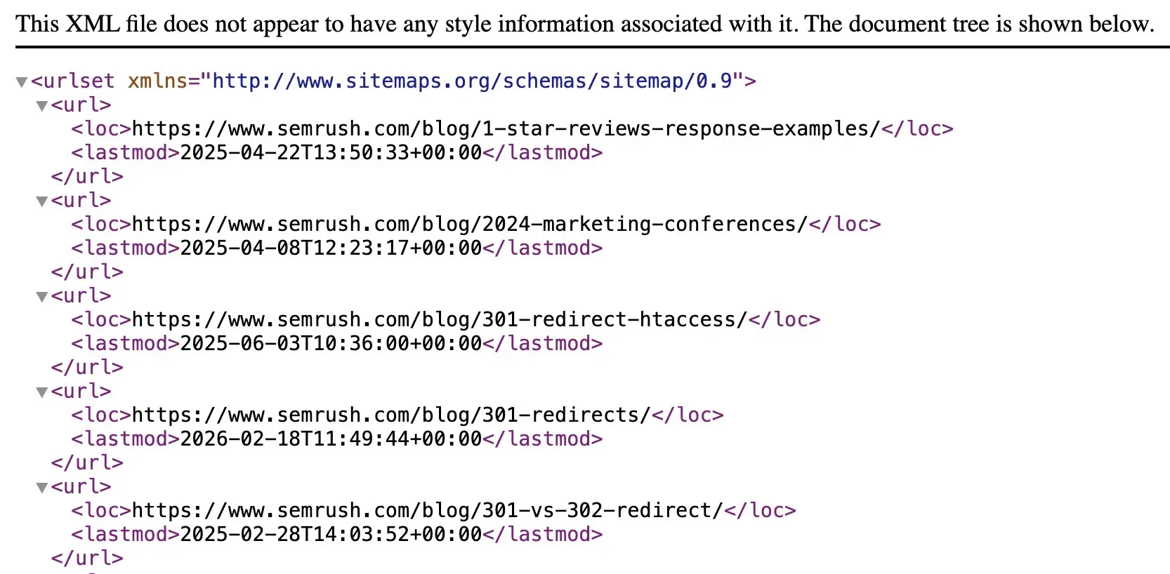 XML sitemap listing Semrush blog URLs with their corresponding last modification dates