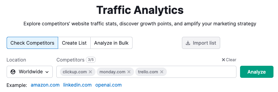 "clickup.com", "monday.com" e "trello.com" inseriti nella barra di ricerca dello strumento Analisi del traffico