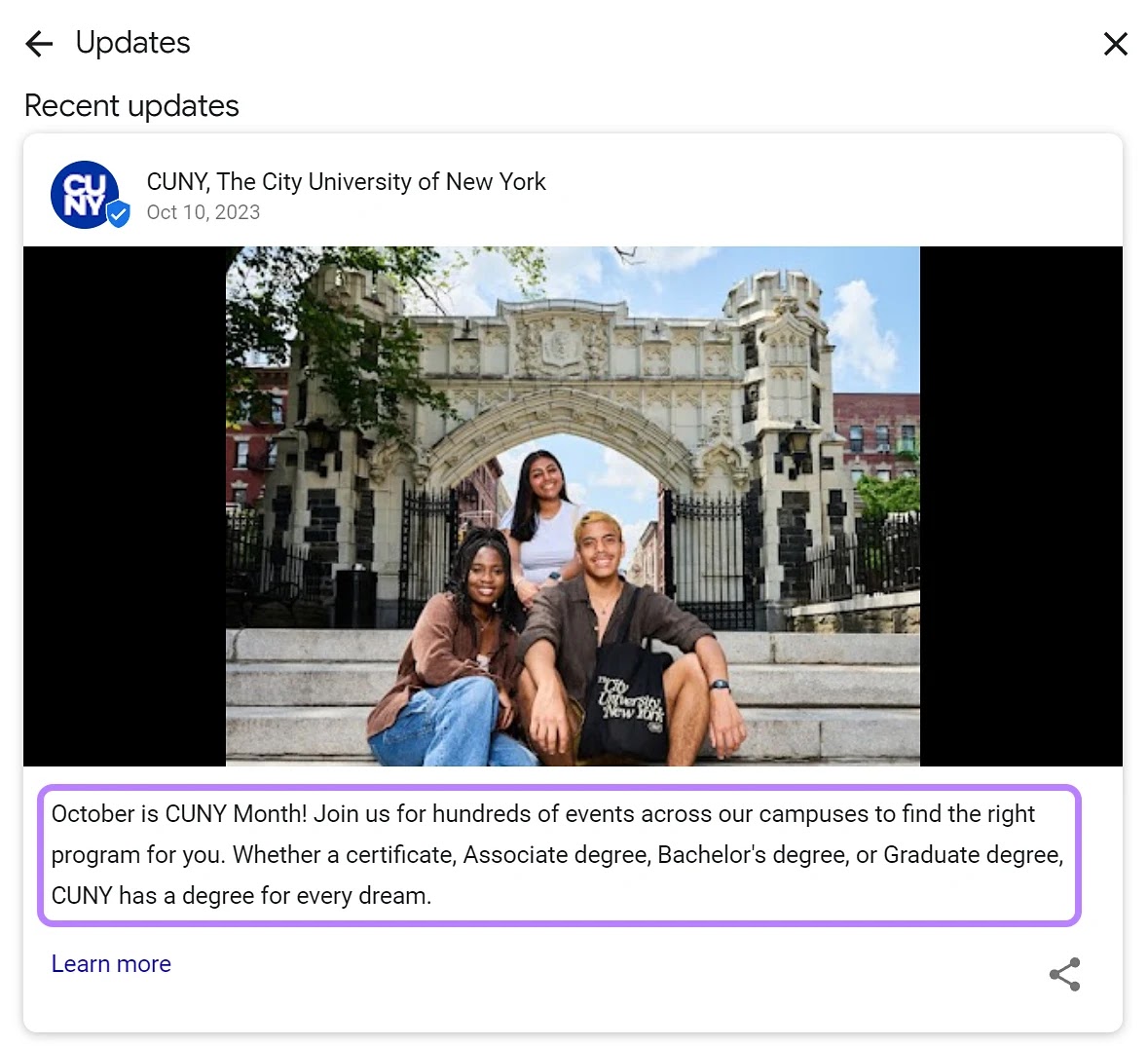 Actualización del perfil de empresa de Google de la City University of New York