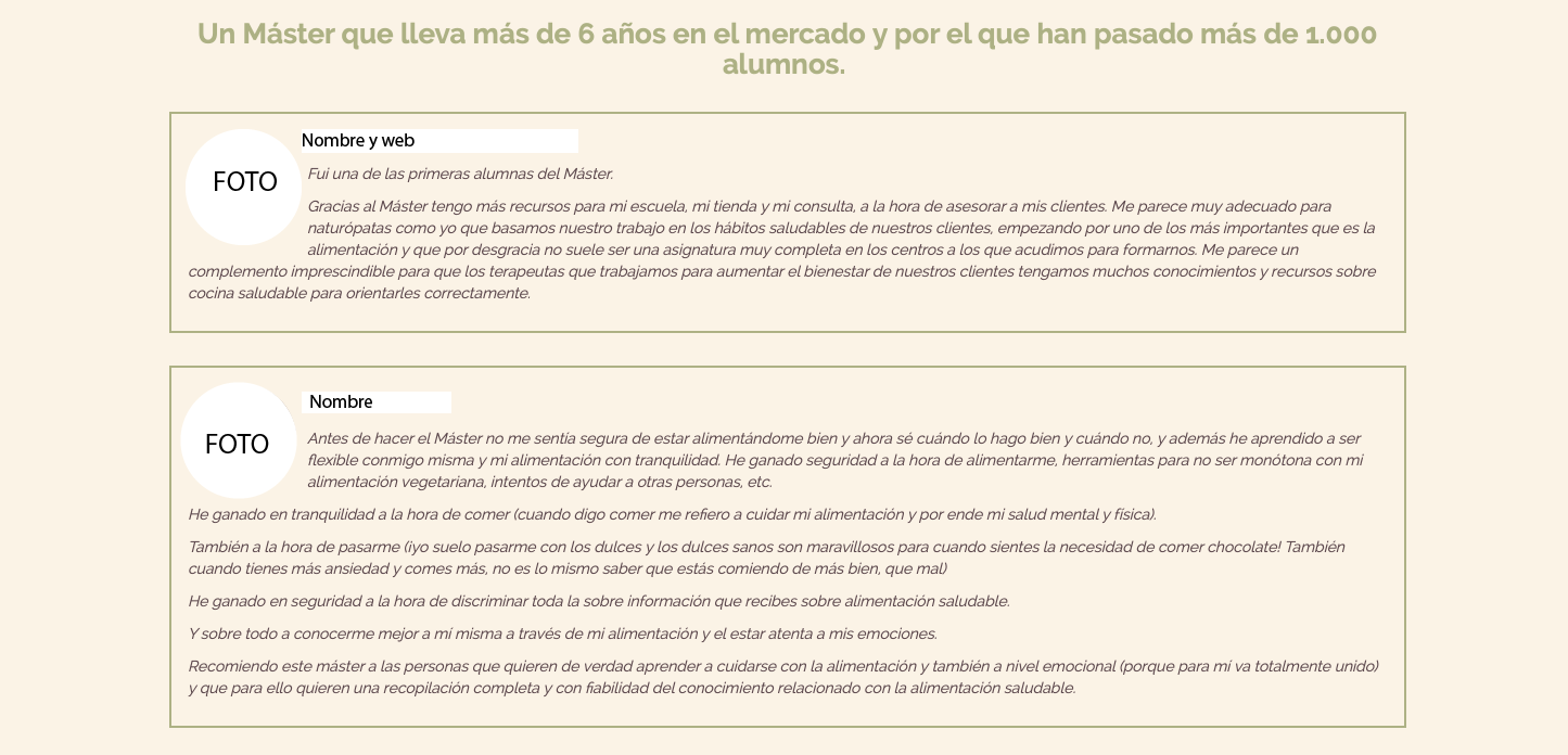 Página de venta - Ejemplo de primeros testimonios
