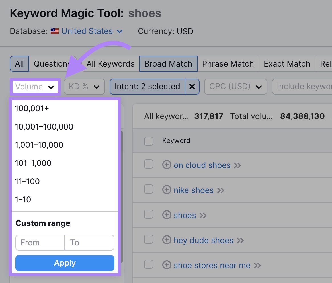 Menú desplegable del filtro "Volumen" en Keyword Magic Tool