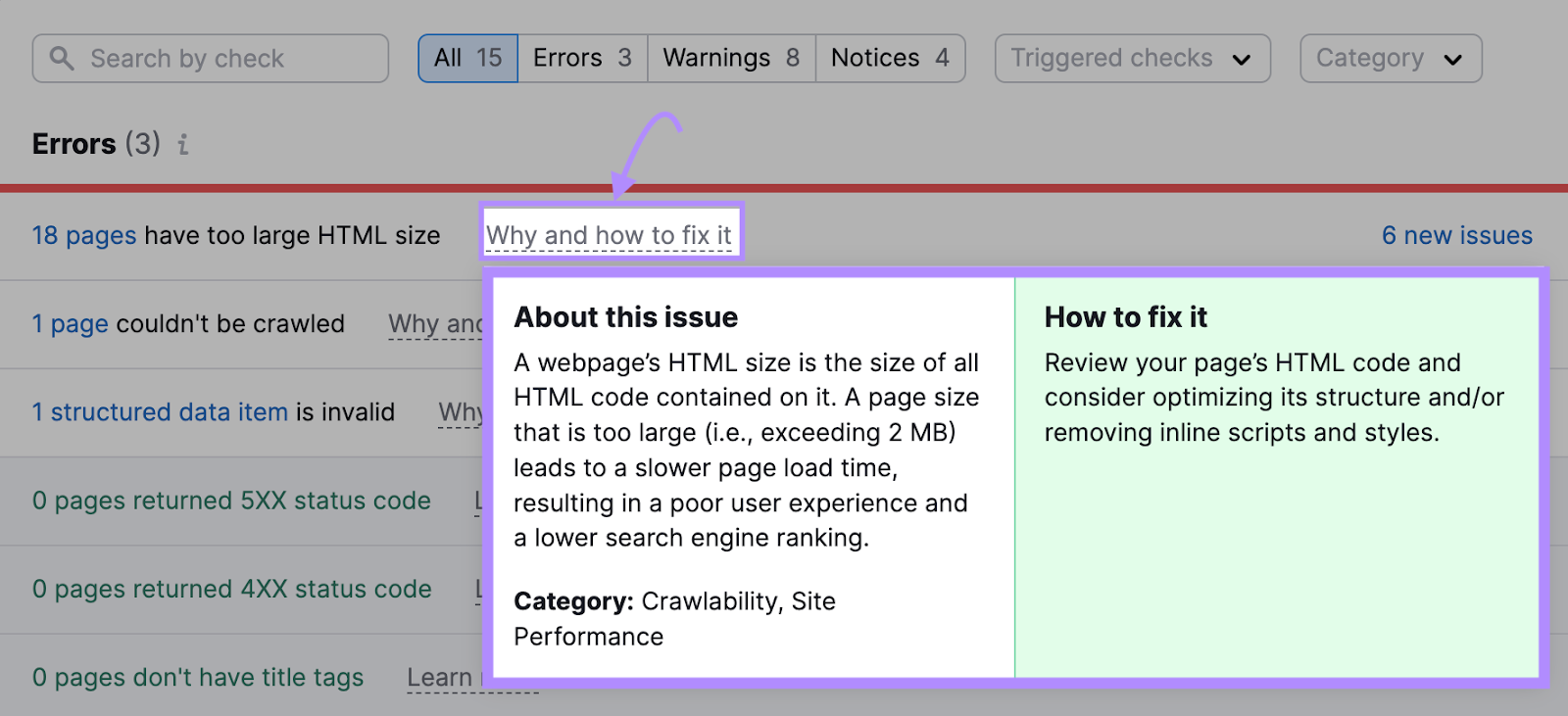 Un ejemplo de ventana emergente "Por qué y cómo solucionarlo" en la Auditoría del Sitio