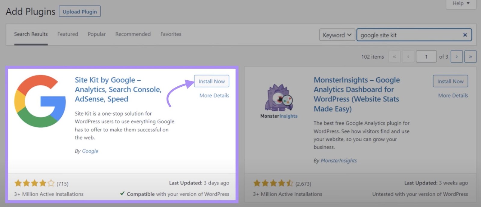 Botón "Instalar ahora" seleccionado junto al plugin Site Kit by Google