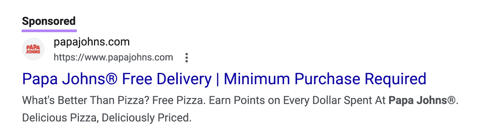 Um anúncio pago da Papa Johns na SERP do Google