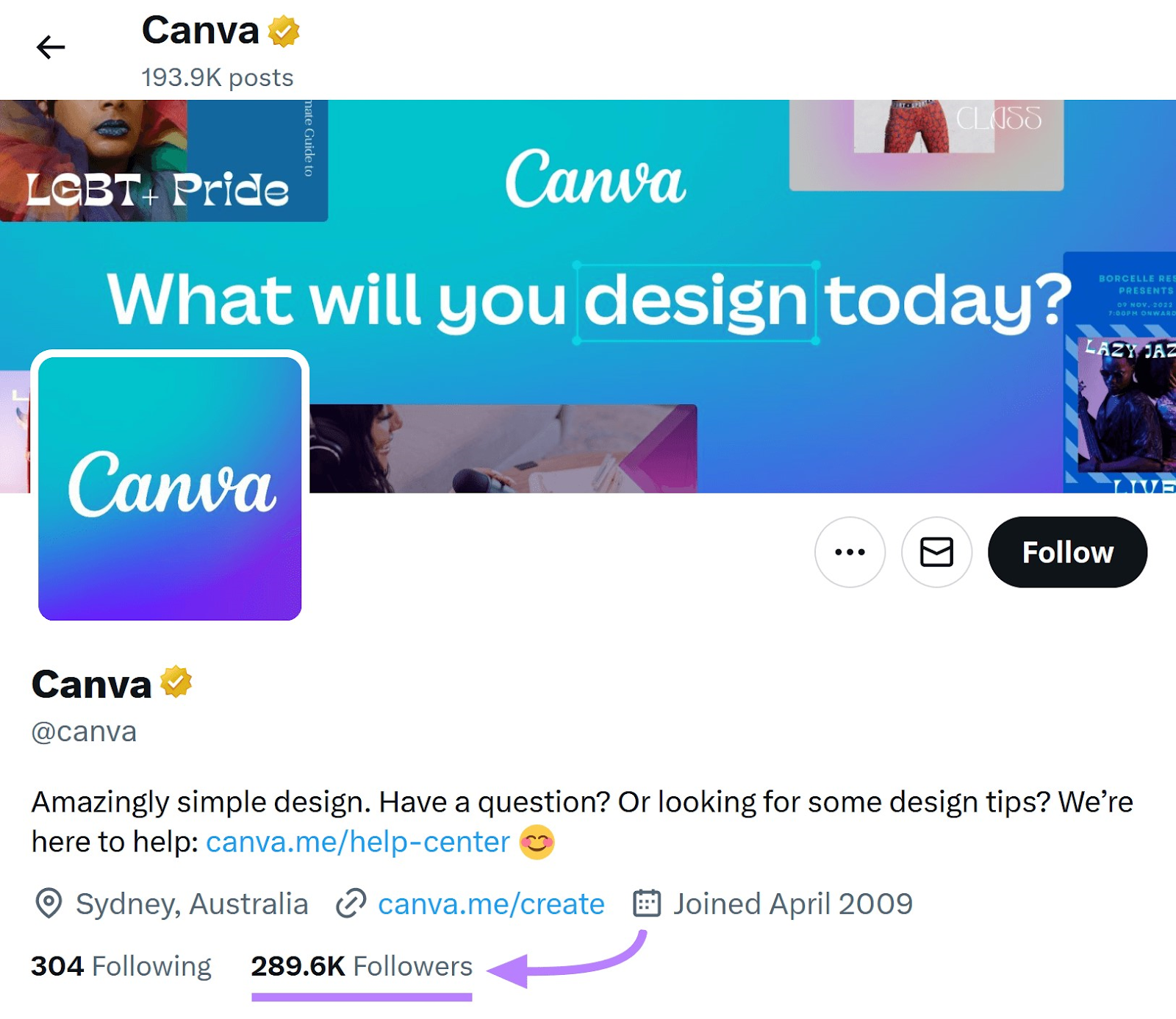 un ejemplo del perfil de Canva en X que muestra el número de seguidores