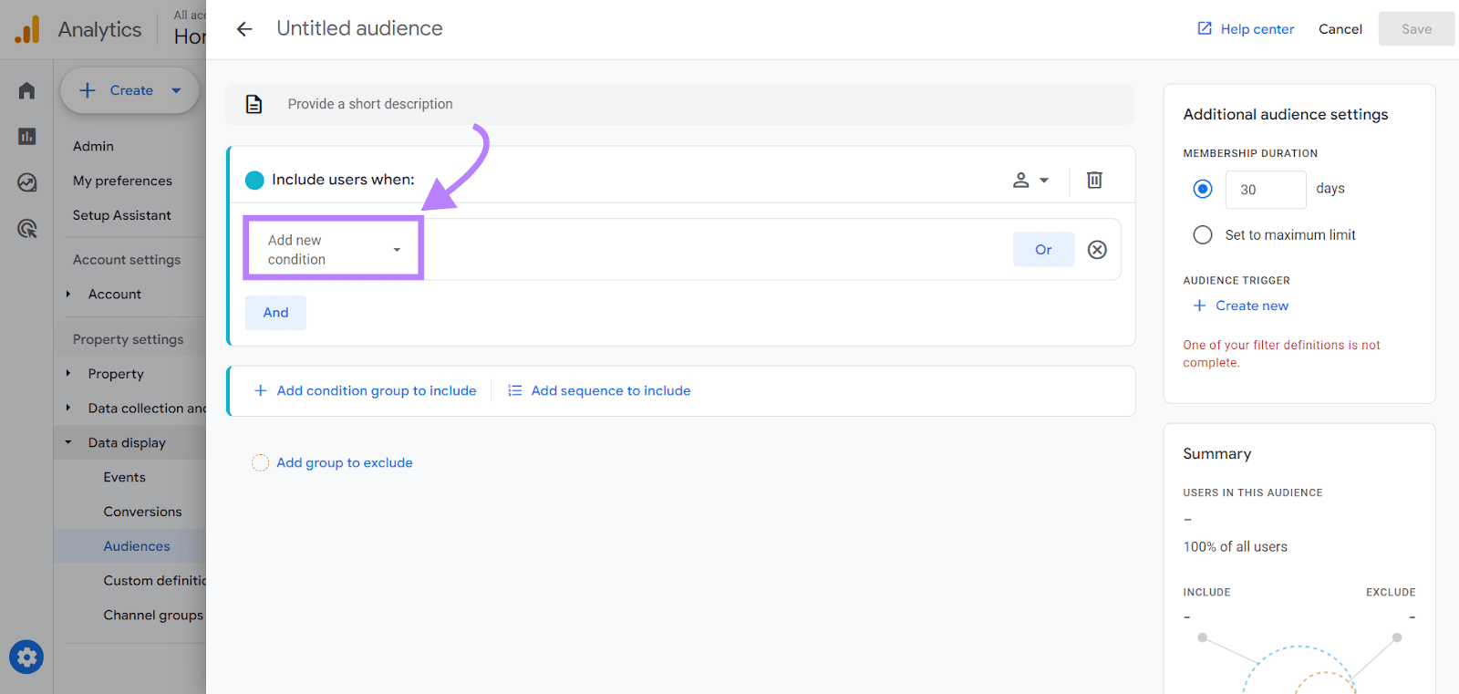 Añadir nuevas condiciones de audiencia en GA4
