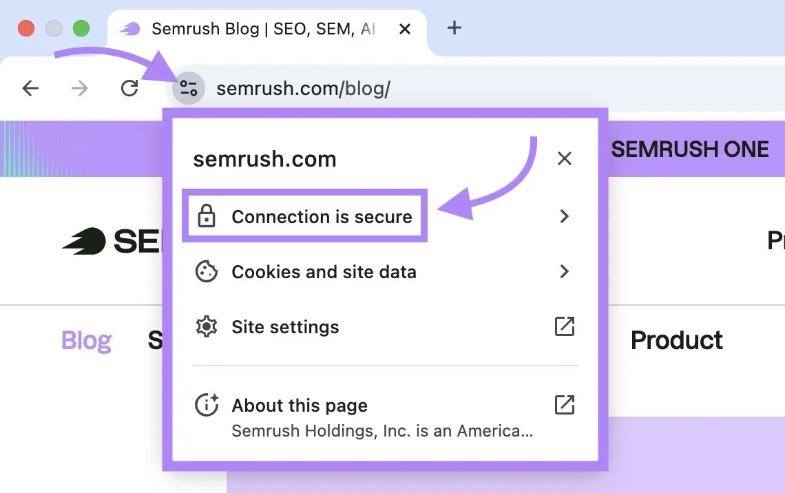 Chrome site information for sr07.balochseotools.com showing that the website connection is secure