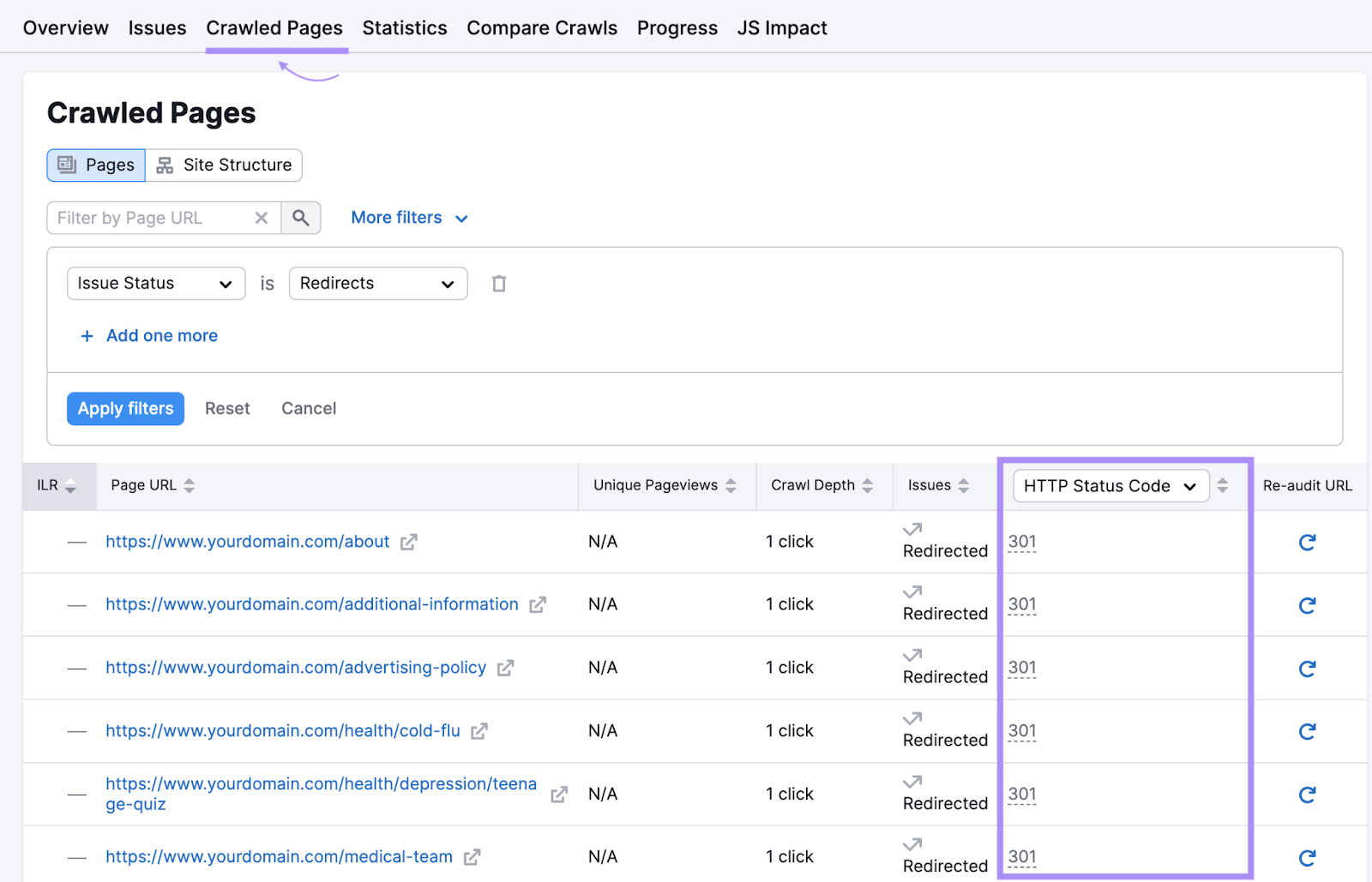 Un informe que enumera todas las redirecciones de un sitio en la pestaña "Páginas rastreadas" de la Auditoría del Sitio