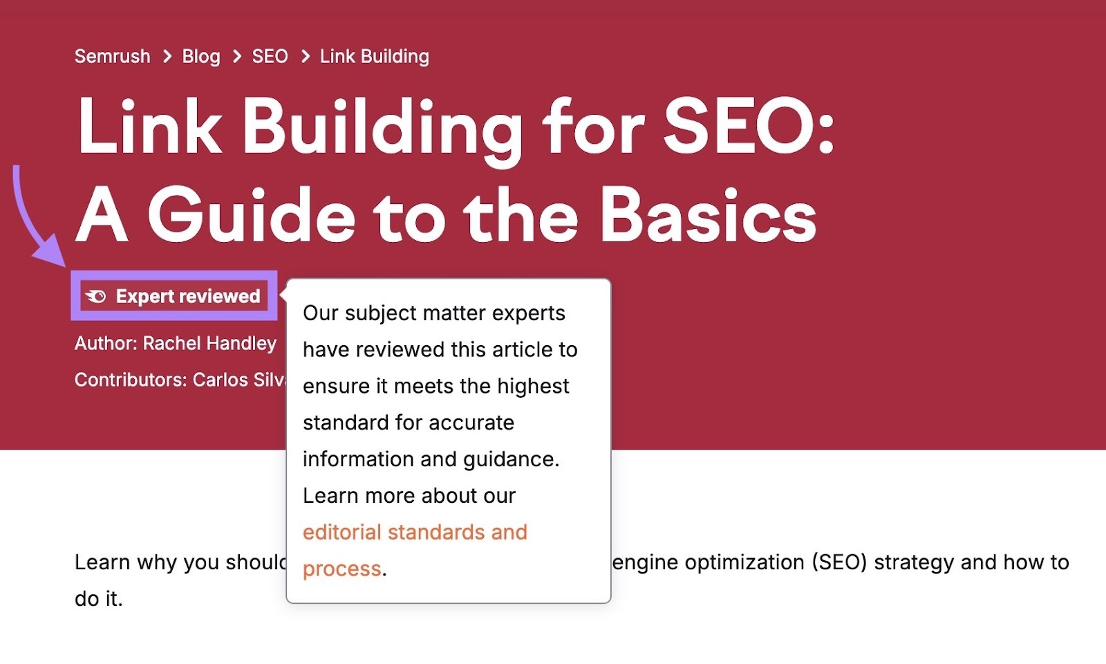 Das Siegel „Von Experten geprüft“, das den redaktionellen Prozess hervorhebt, erscheint oben in einem Artikel von Semrush.