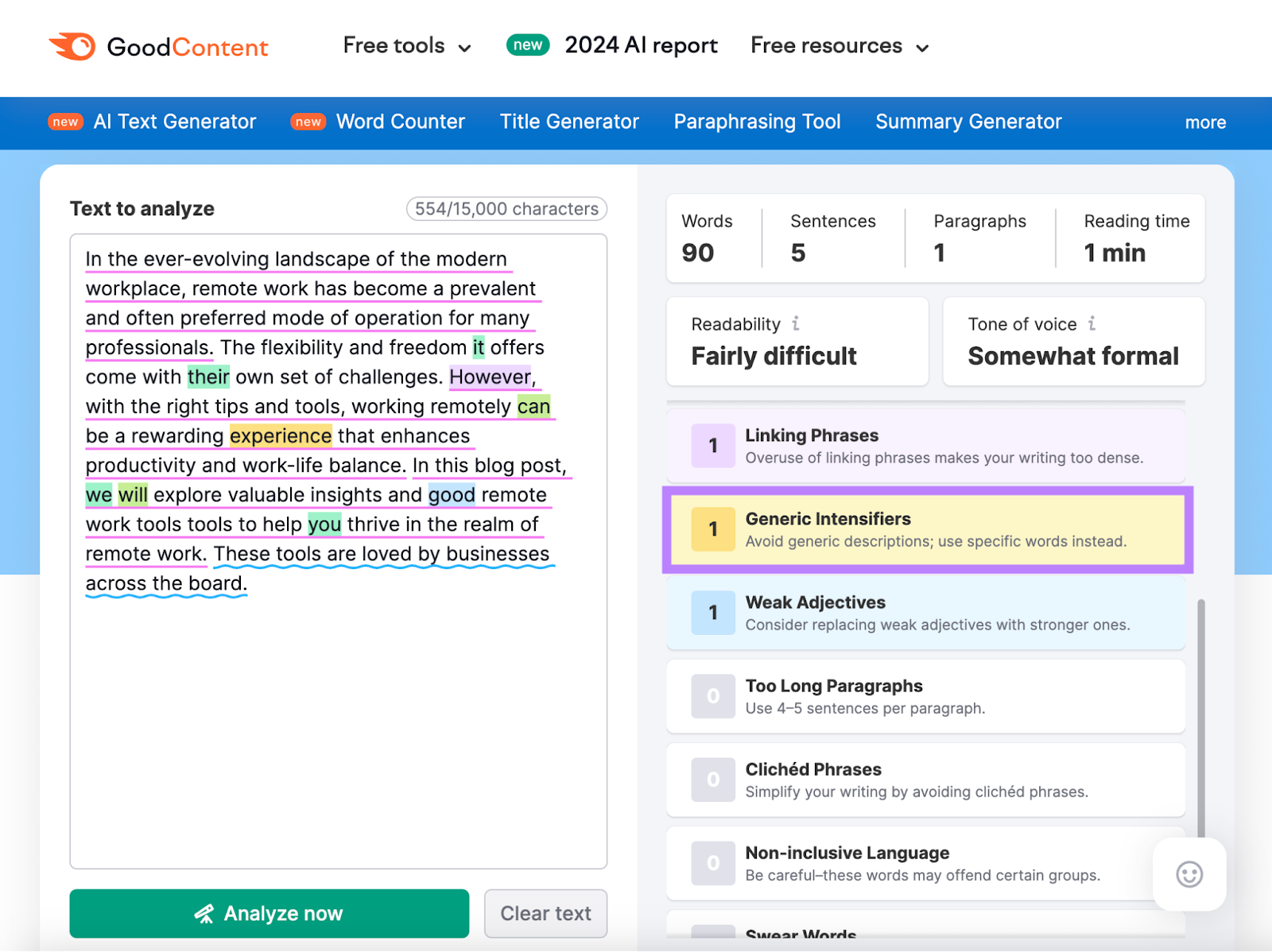 Generic intensifiers found in Semrush's online proofreader