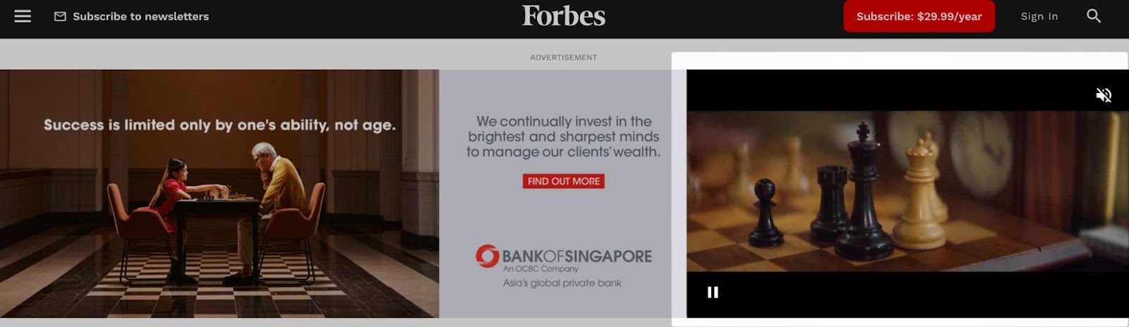 Un anuncio en vídeo del Banco de Singapur en el sitio web de Forbes