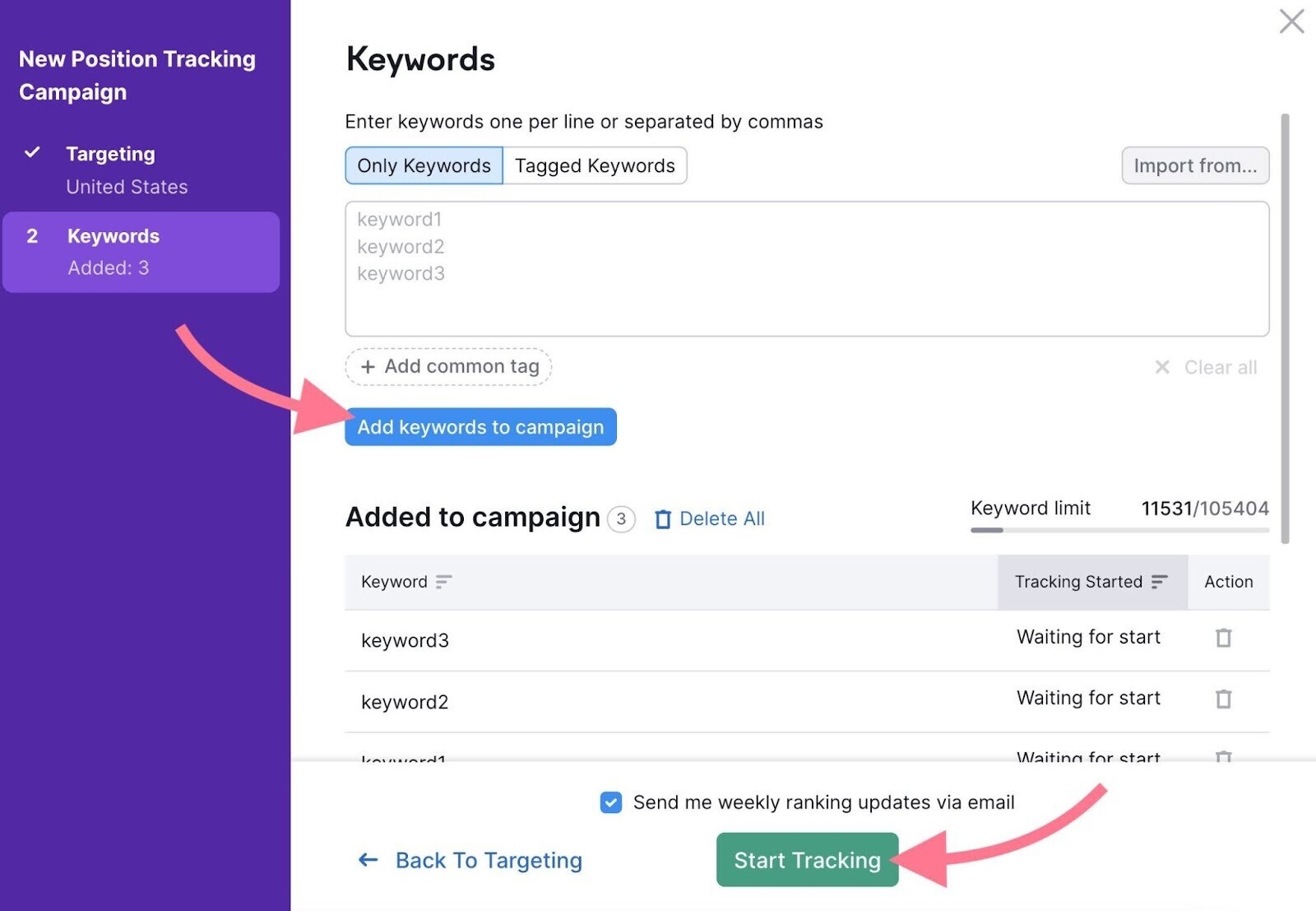 Pulsante Avvia Tracking