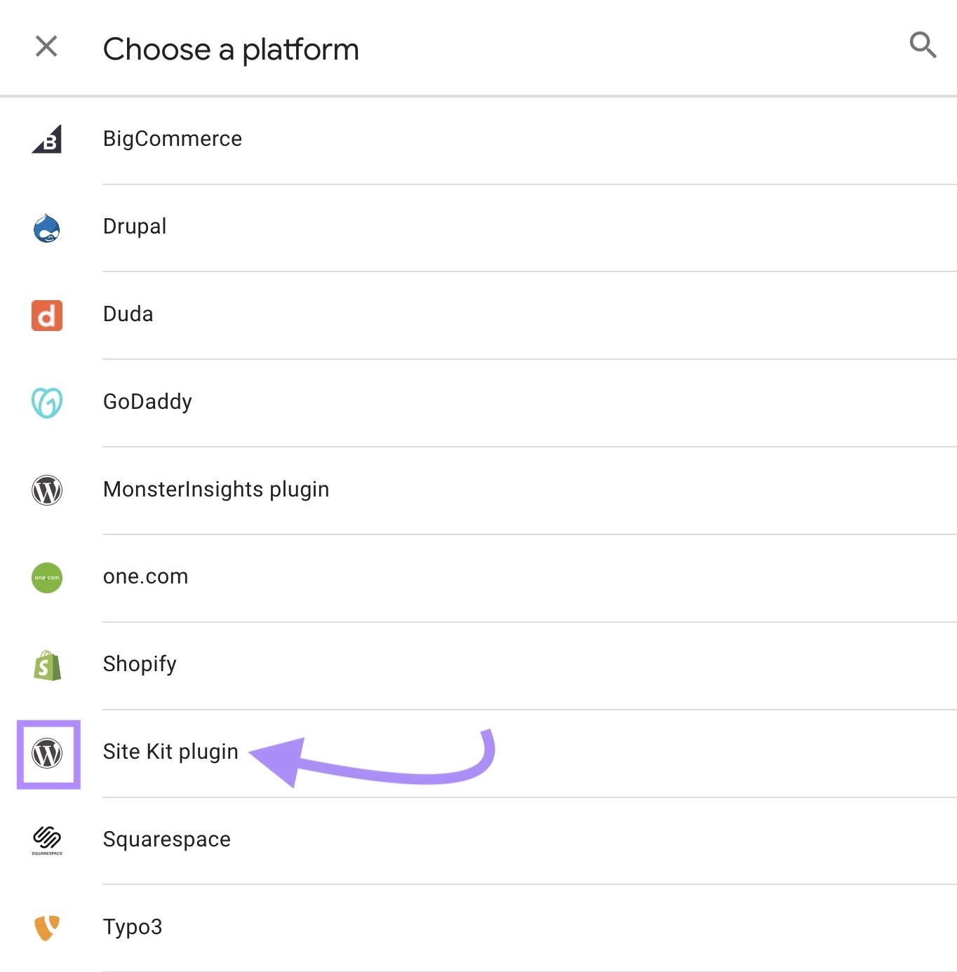 "Plugin del Kit del Sitio" seleccionado en el menú desplegable
