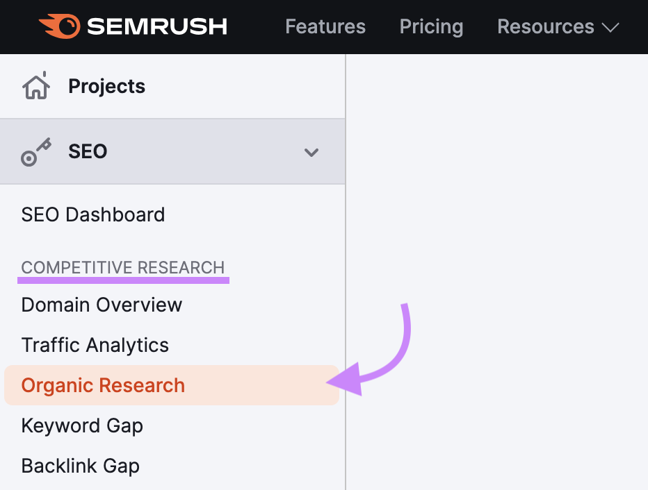 Navigating to “Organic Rankings” in Semrush menu