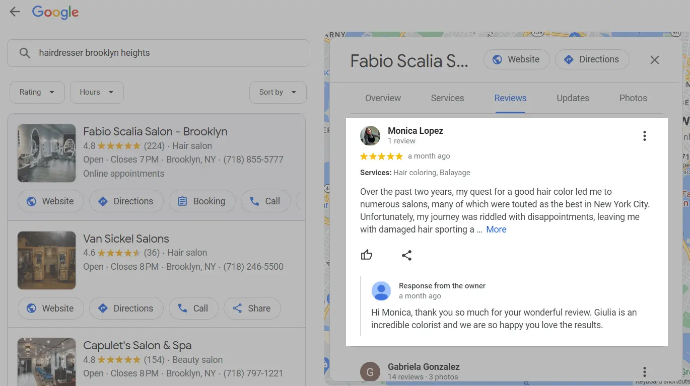Réponse du propriétaire de l'entreprise à un avis Google mis en évidence.