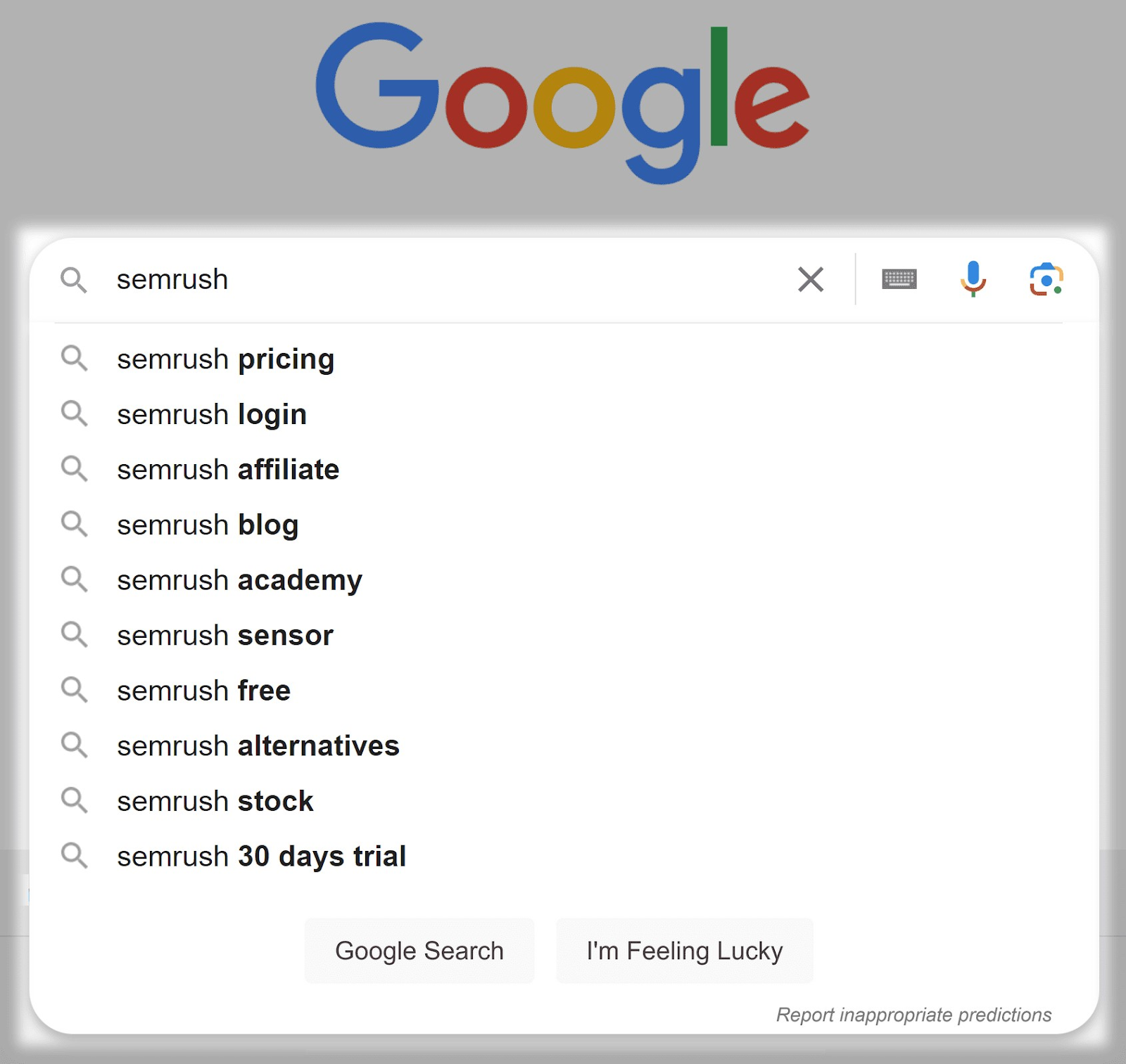 Sugerencias de autocompletar de Google al escribir "semrush" en la barra de búsqueda
