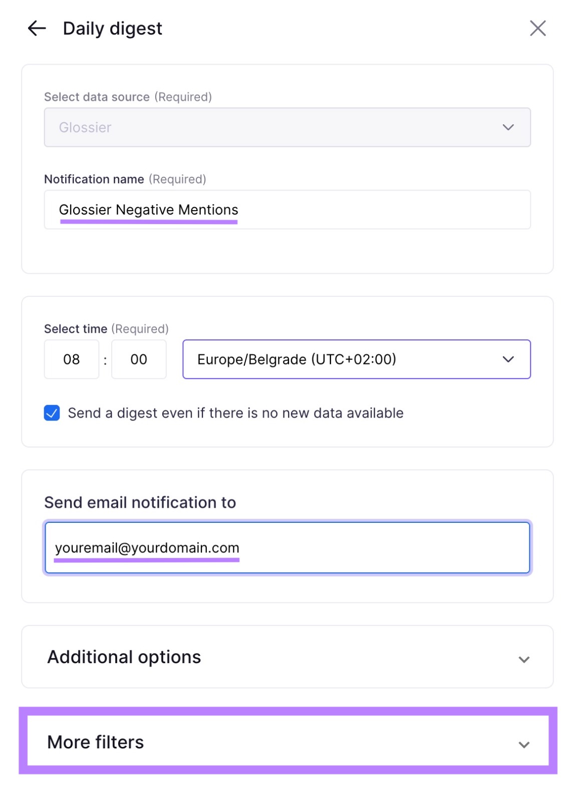 "Más filtros" seleccionados en la parte inferior de la ventana "Resumen diario".