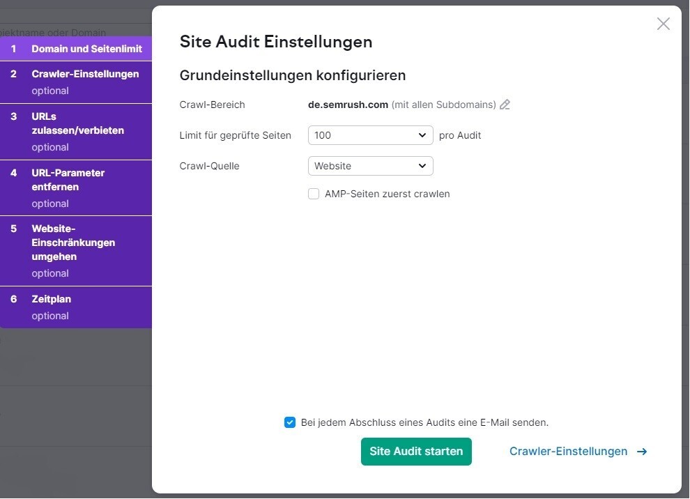 Site Audit Einstellungen