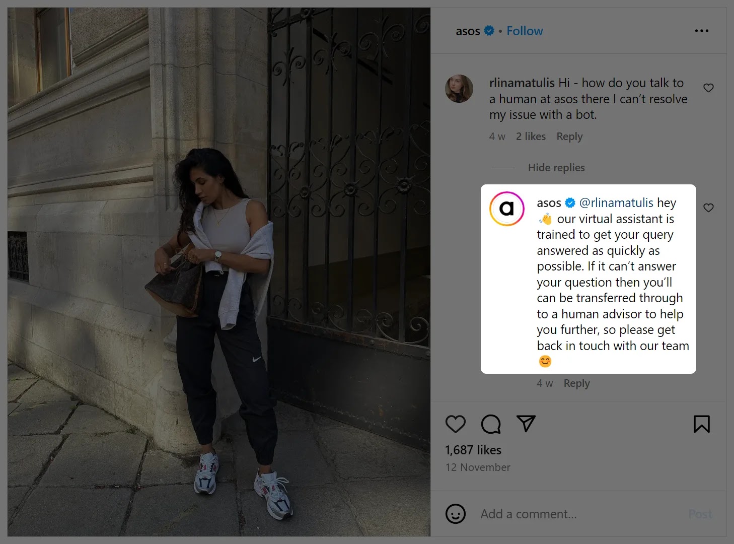 Respuesta de Instagram de Asos a un usuario