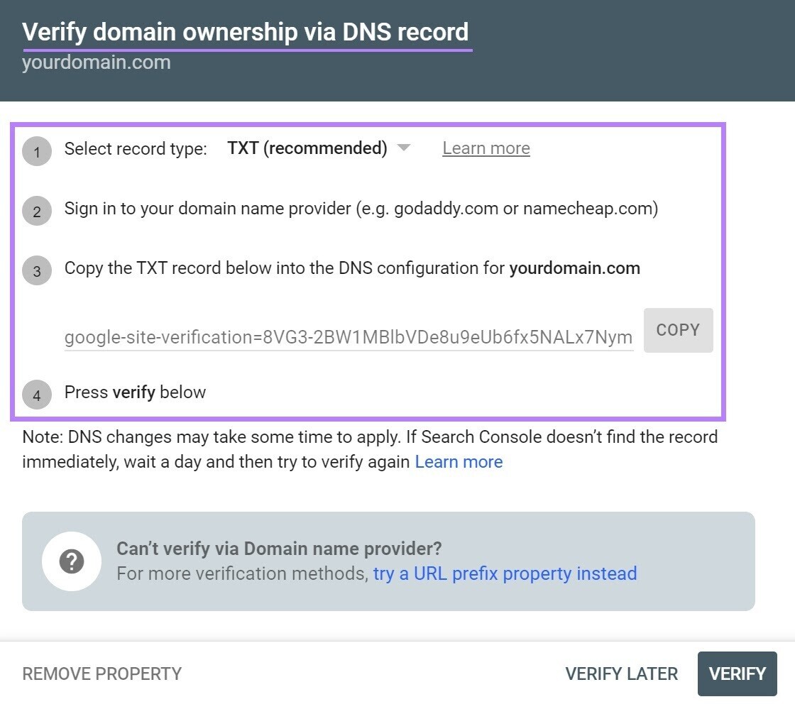 Écran « Vérifier la propriété du domaine via l'enregistrement DNS »