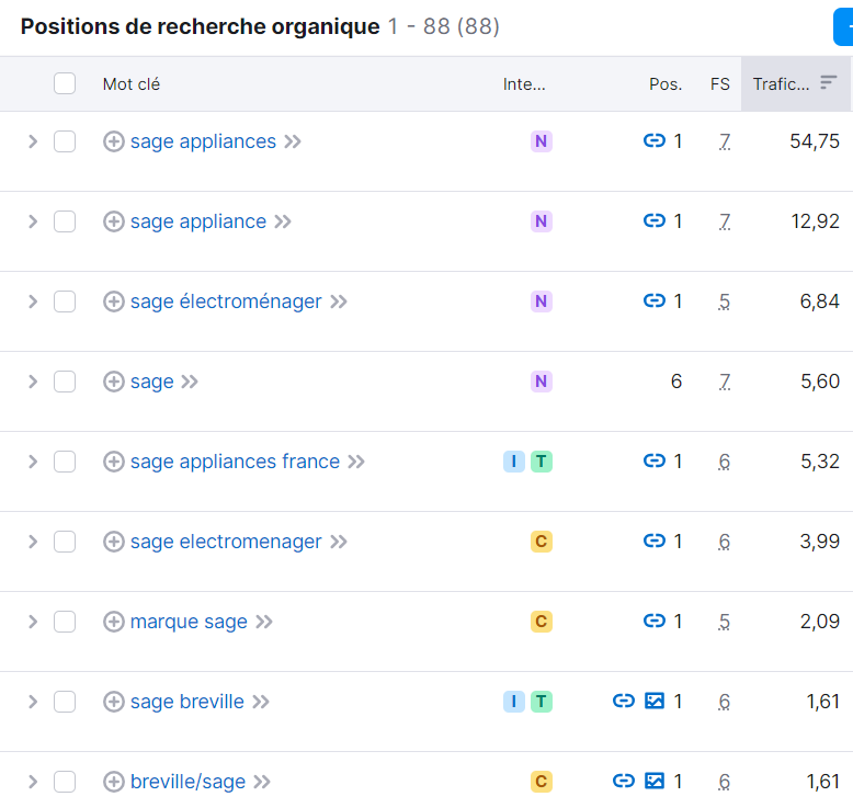 Liste de mots clés pour lesquels une page est classée dans Recherche organique de Semrush