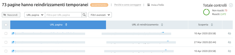 trovare redirect temporanei con site audit tool di semrush