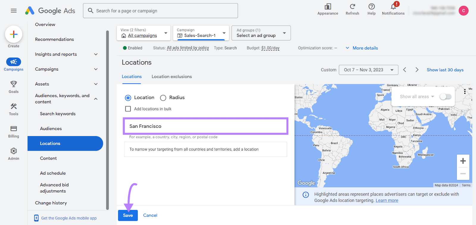 "San Francisco" seleccionado en la sección "Localizaciones