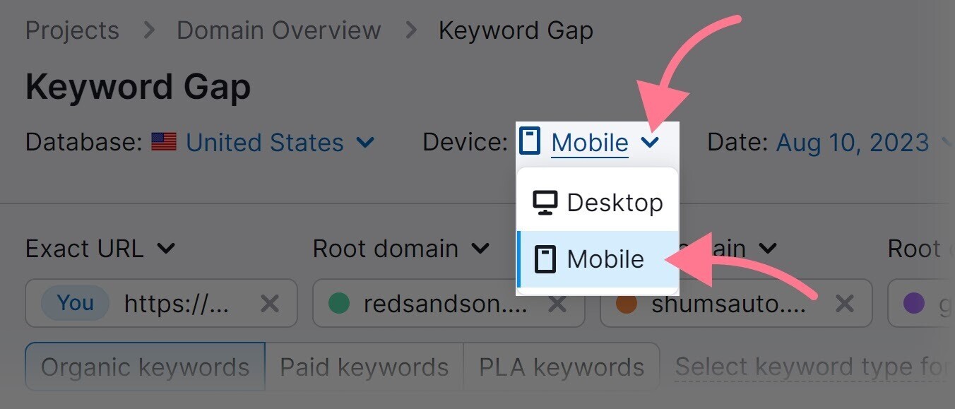 Wechsel von "Desktop" zu "Mobile" Ergebnissen im Keyword Gap Tool