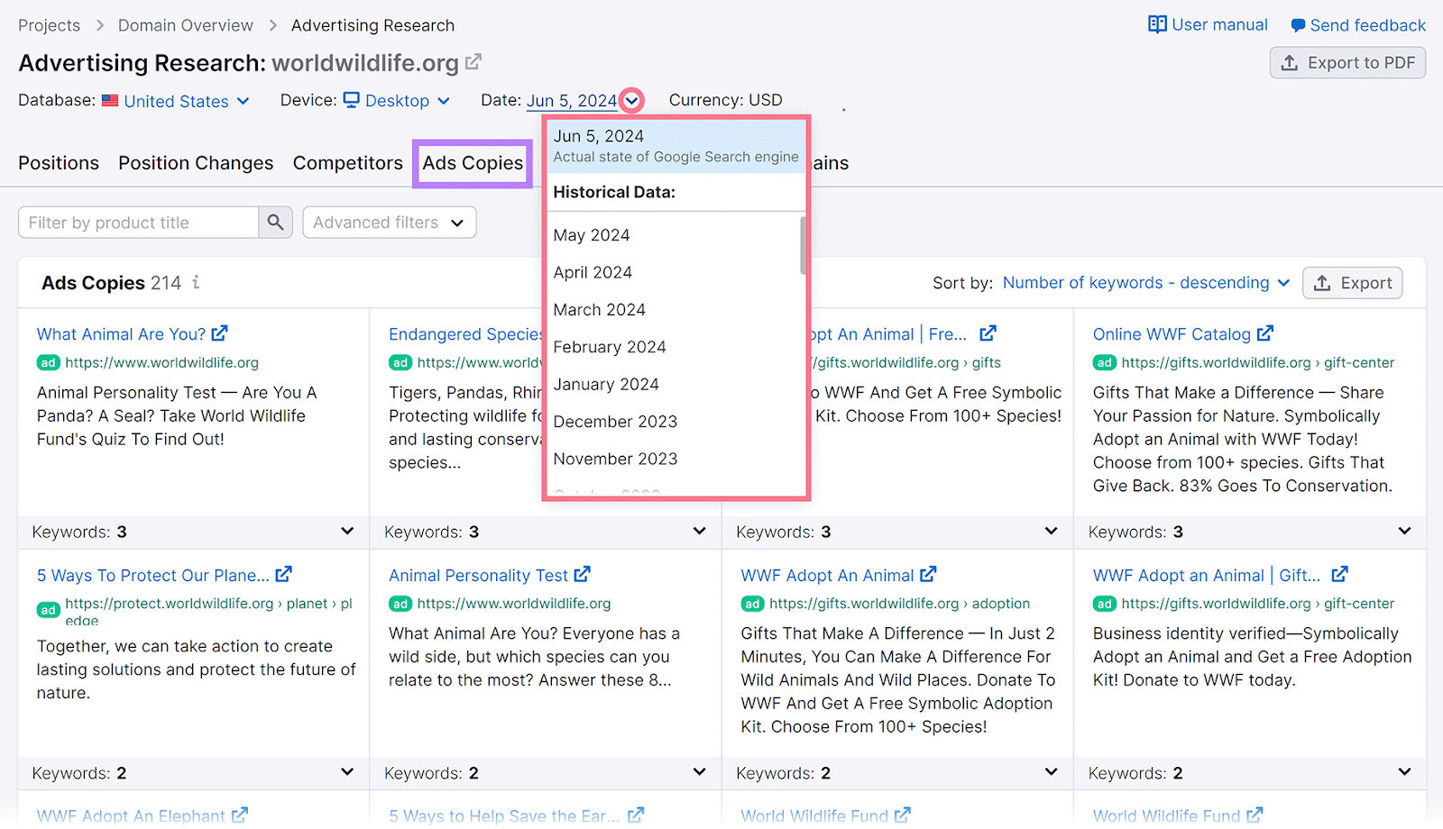 Anzeigentextbericht mit Daten-Dropdown und erweiterten Anzeigeoptionen im Semrush-Werbeanalysetool