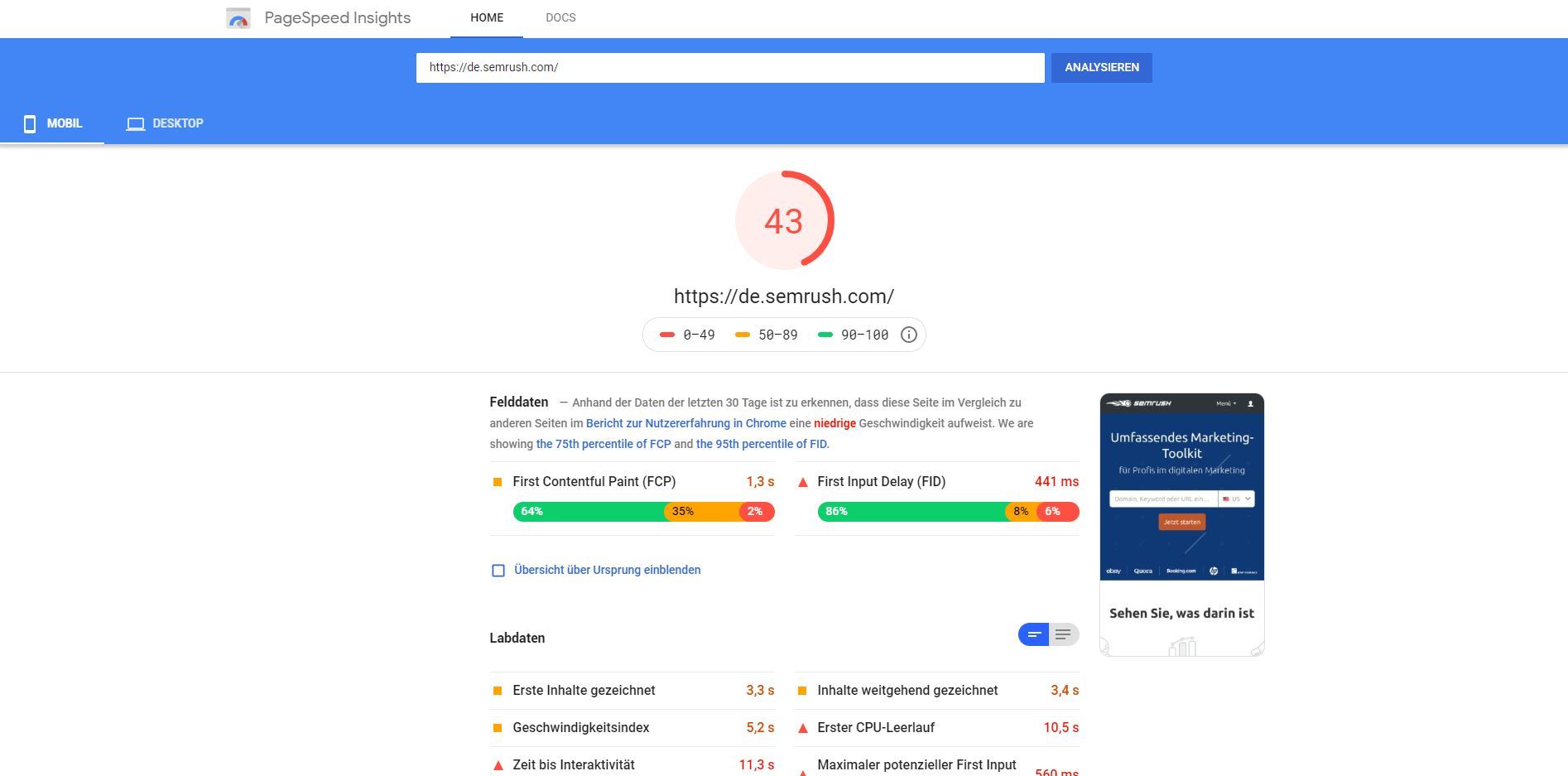 Google PageSpeed Insights: Mobile Geräte