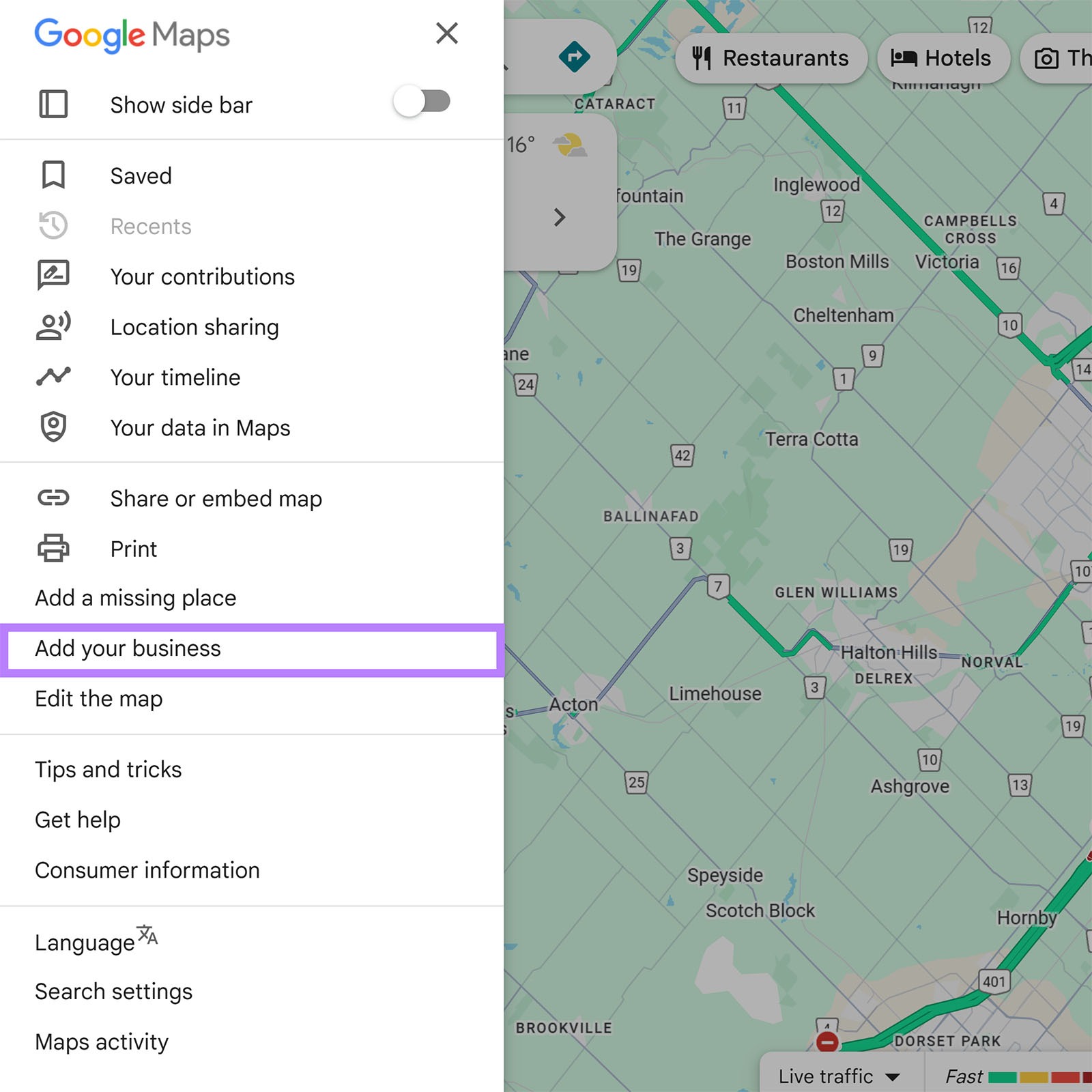 Google Maps menu open with “Add your business” option highlighted.