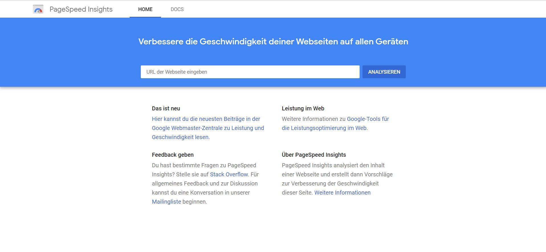 Google PageSpeed Insights: URL eingeben