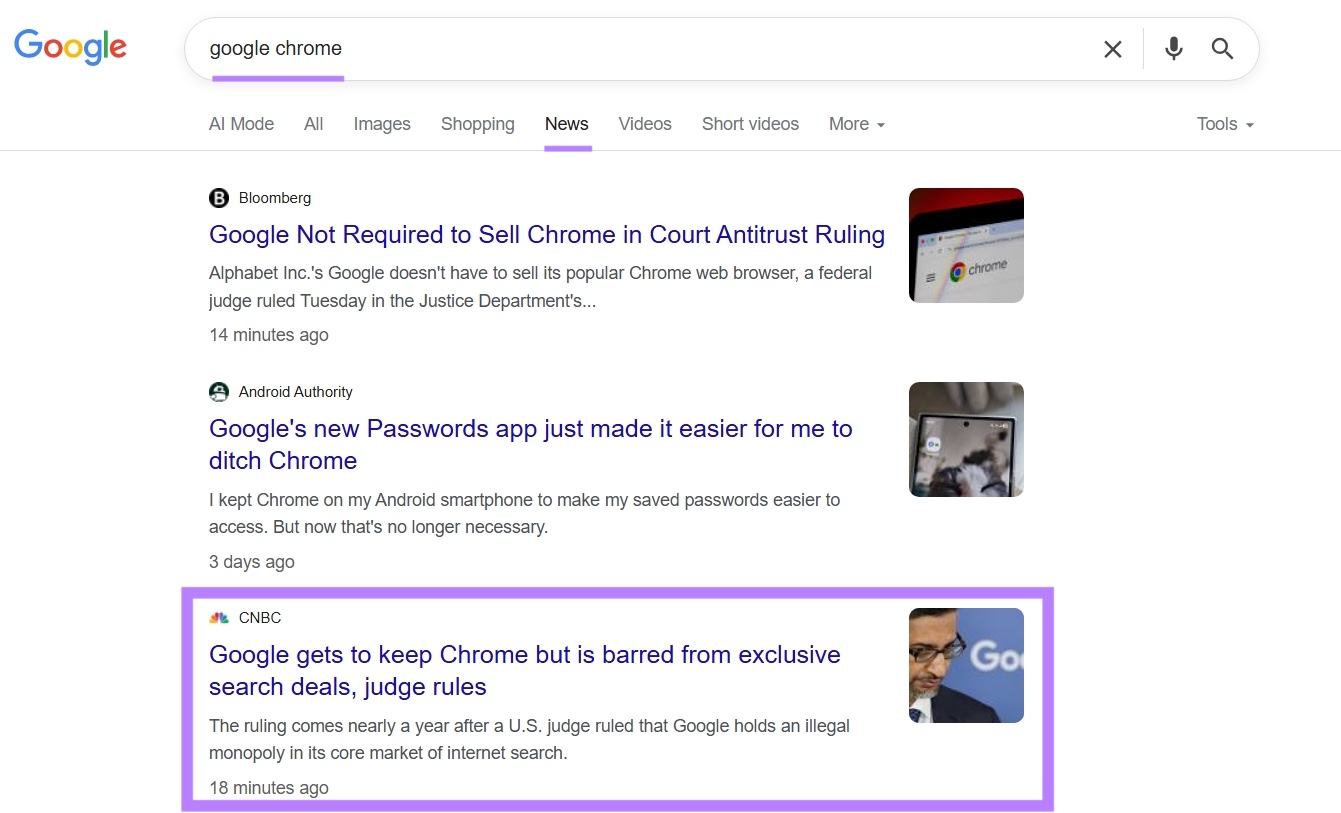 La pestaña "Noticias" de Google para el término "google chrome" con un artículo de CNBC destacado.