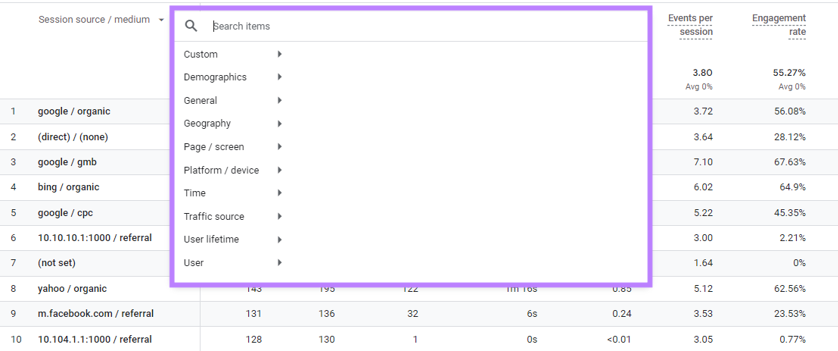 Uma caixa na qual você pode pesquisar uma dimensão secundária