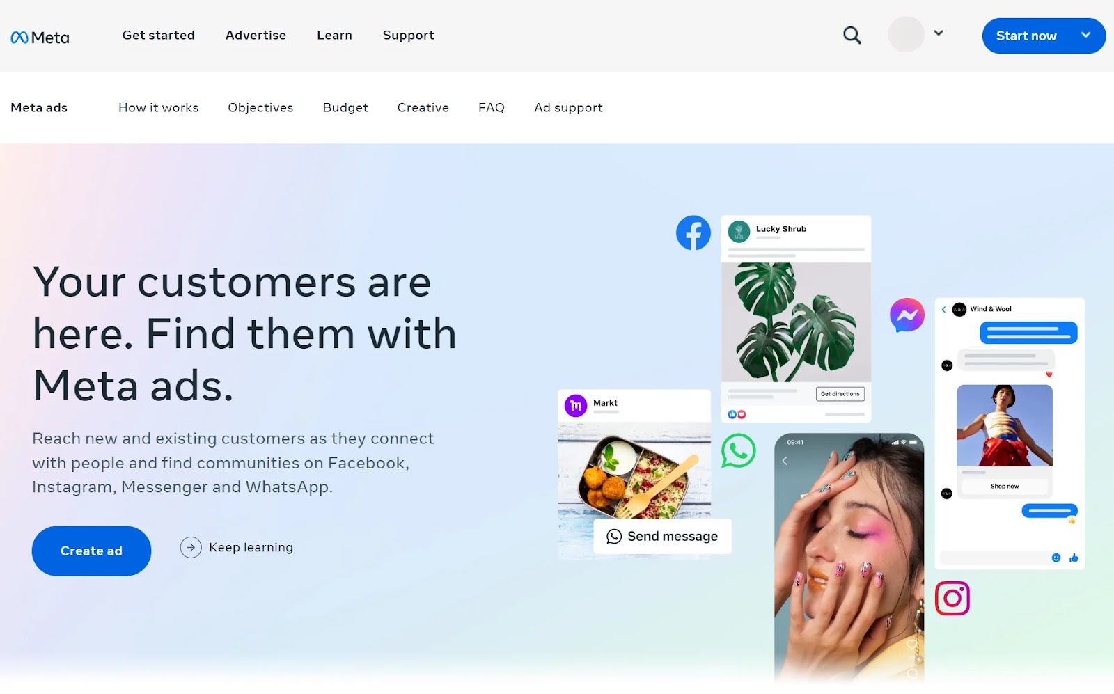Meta anuncios página de destino con "Tus clientes están aquí. Encuéntralos con Meta anuncios".