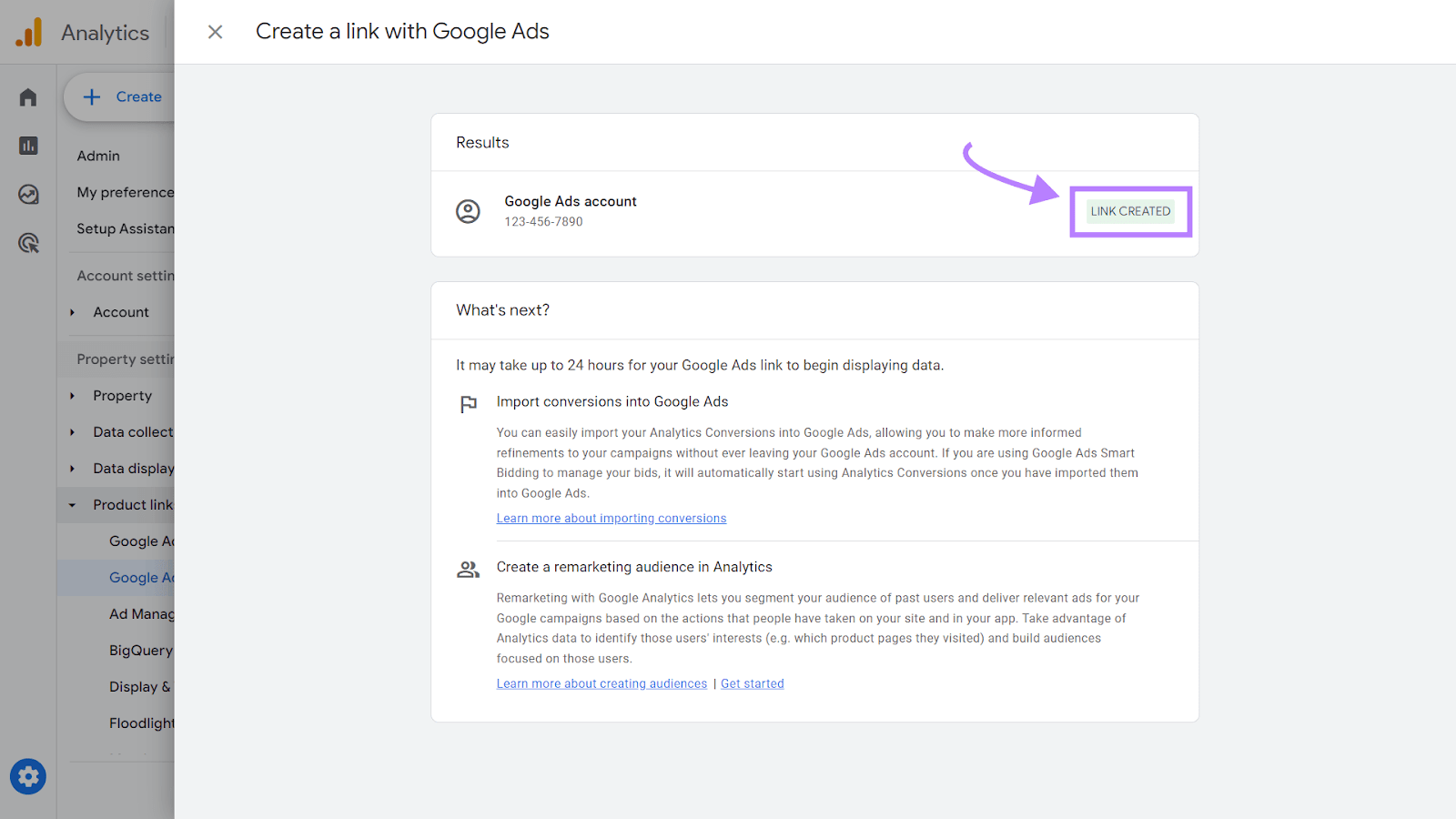 Cuentas de Google Ads y Google Analytics vinculadas correctamente