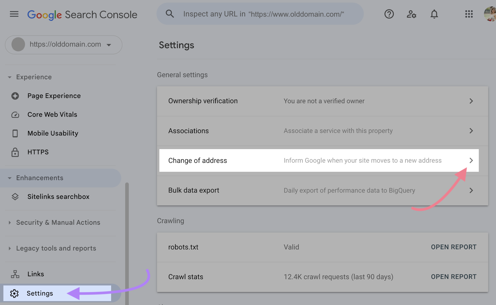 "Cambio de dirección" seleccionado en Configuración de Google Search Console