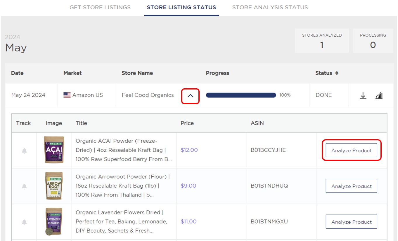 Revealing store listings in the &lsquo;Store Analysis&rsquo; feature of Product Research Pulse.