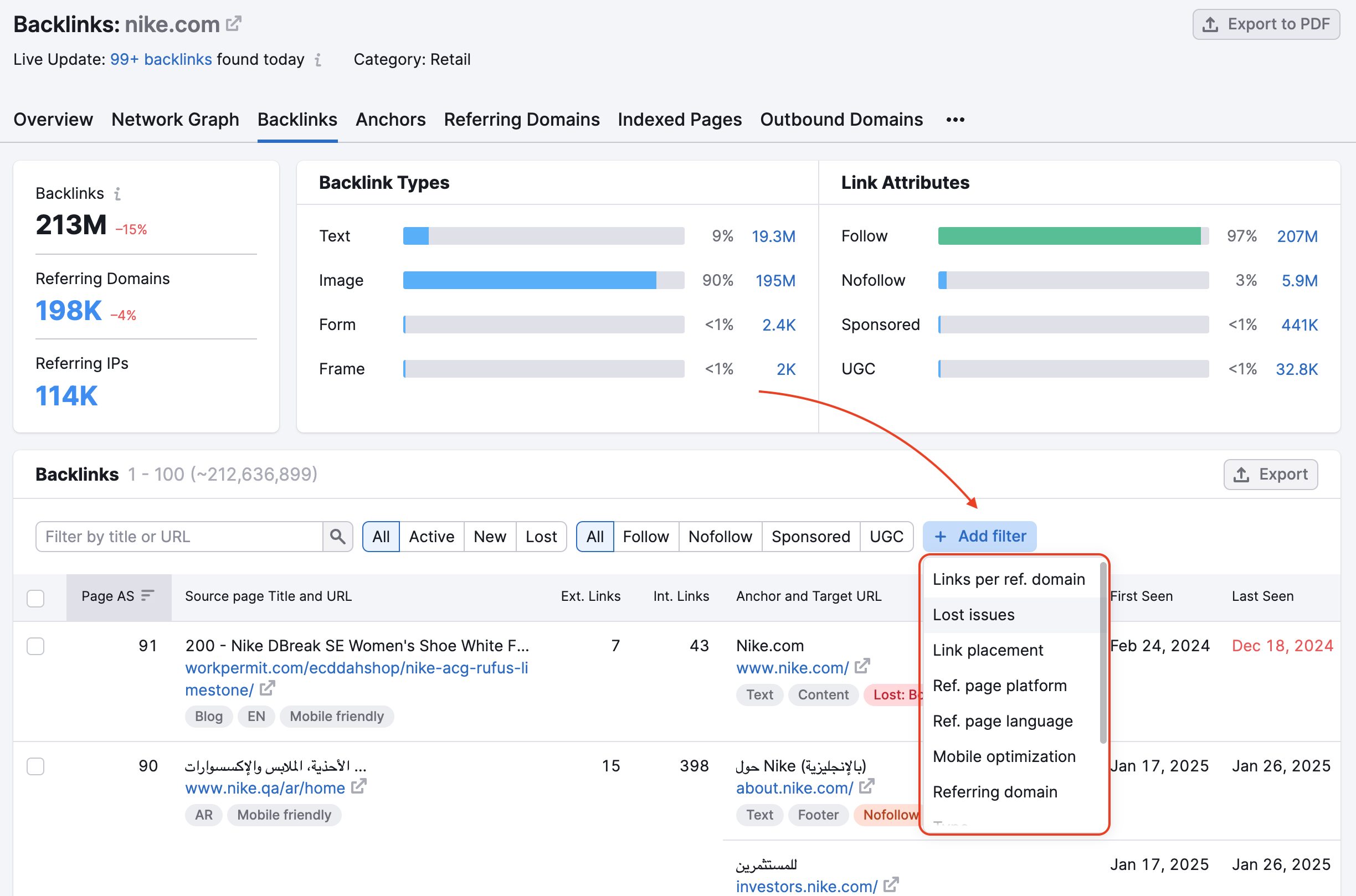 The Add filter drop-down is highlighted an the top of the Backlinks table. 