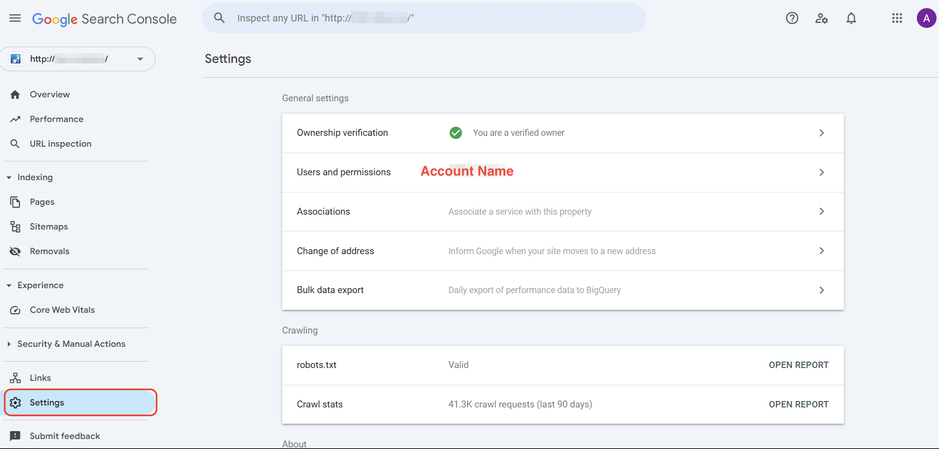 Die Einstellungen der Google Search Console sind hervorgehoben. 
