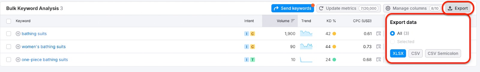 An instruction on where to find the export option in Bulk Analysis. An export button on the right side, above the report, opens a dropdown menu with the following options: XLSX, CSV, CSV Semicolon
