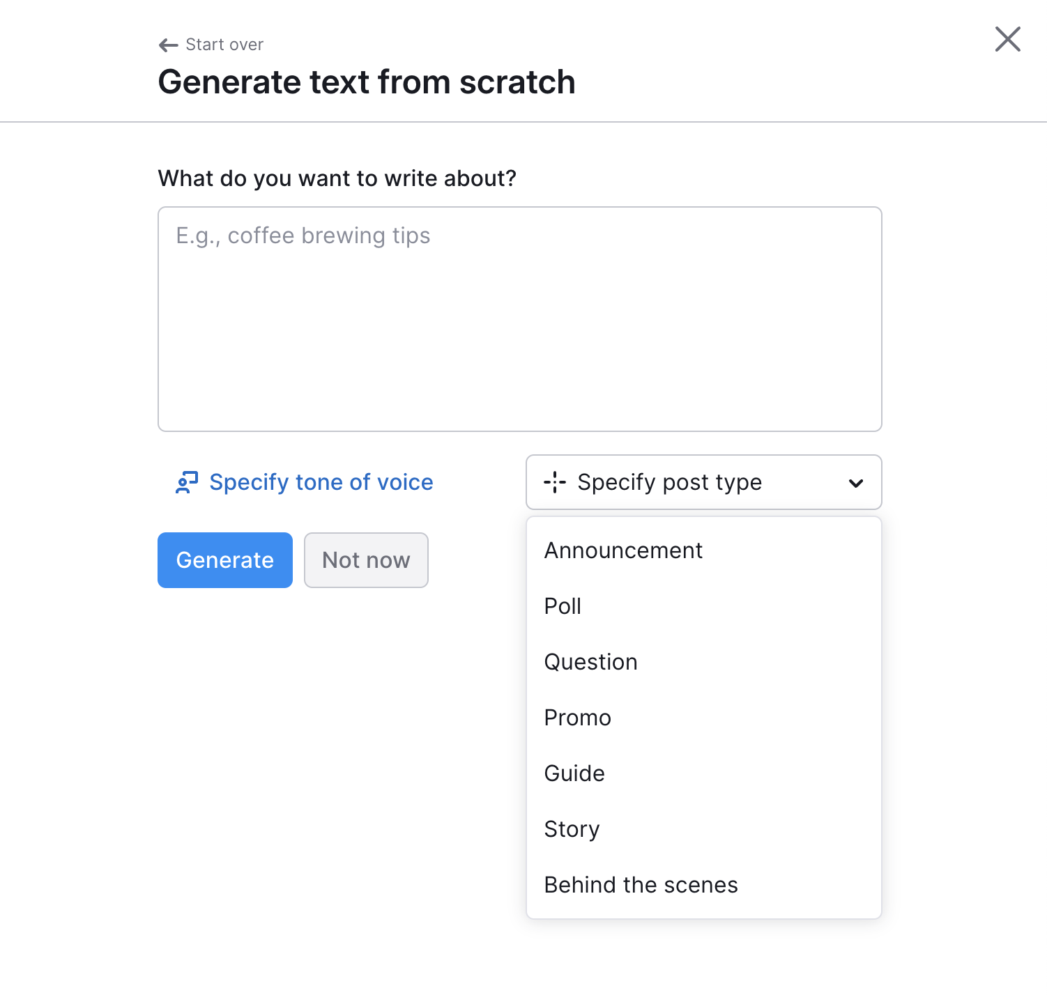 The Specify post type drop-down with options: announcement, poll, question, etc.