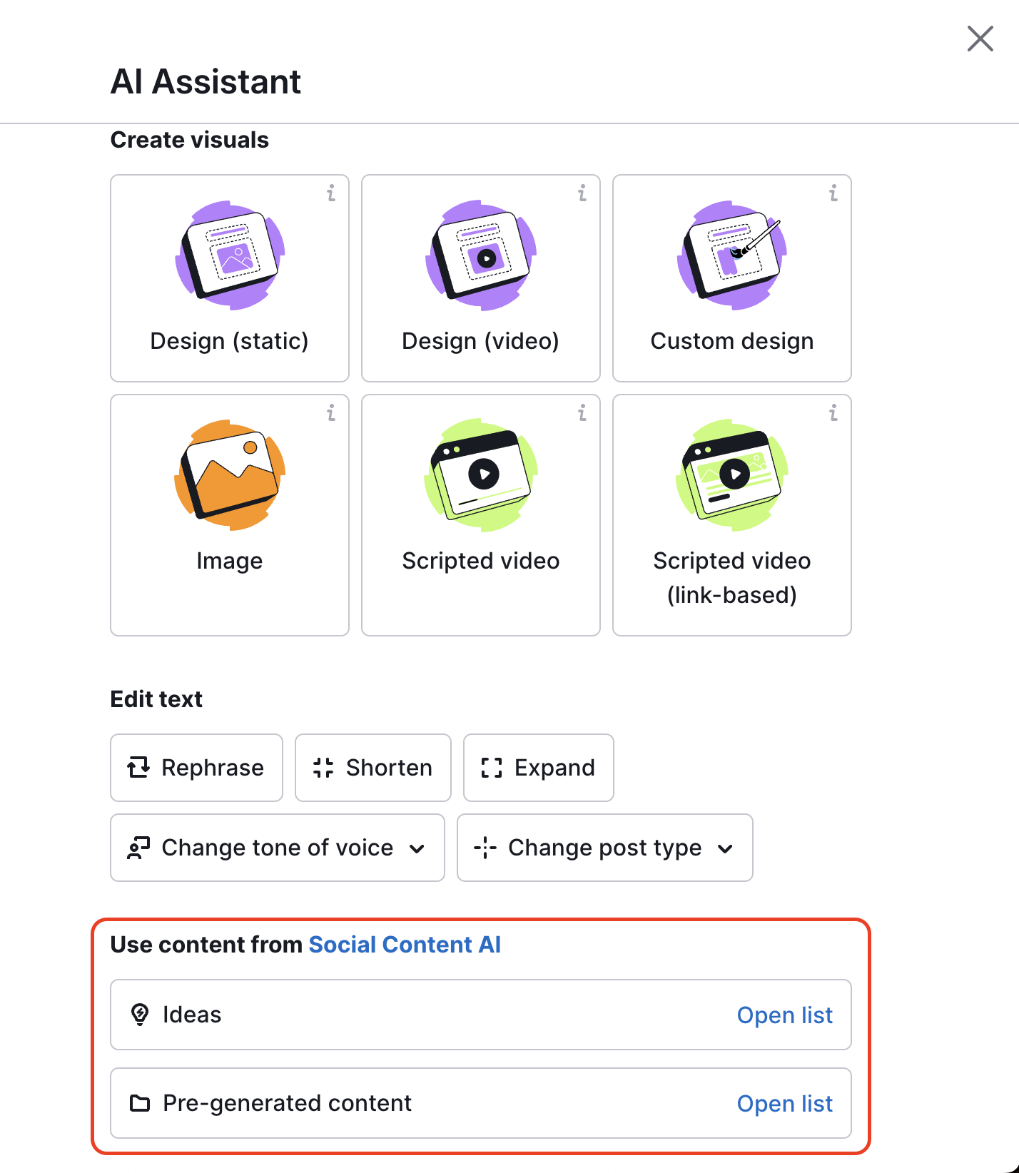 The AI Assistant right-hand menu open, featuring the highlighted Social Content AI section.